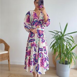 Zara White and Purple Floral Midi Dress